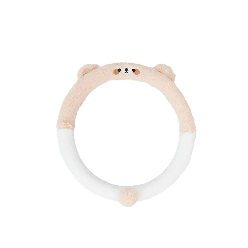 Plush car steering wheel cover with embroidered cartoon animal design for winter driving