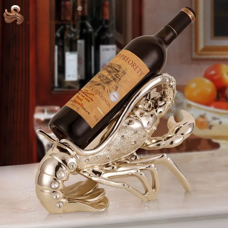 Lobster-shaped wine rack ornament in metallic rose gold or silver finish on display surface