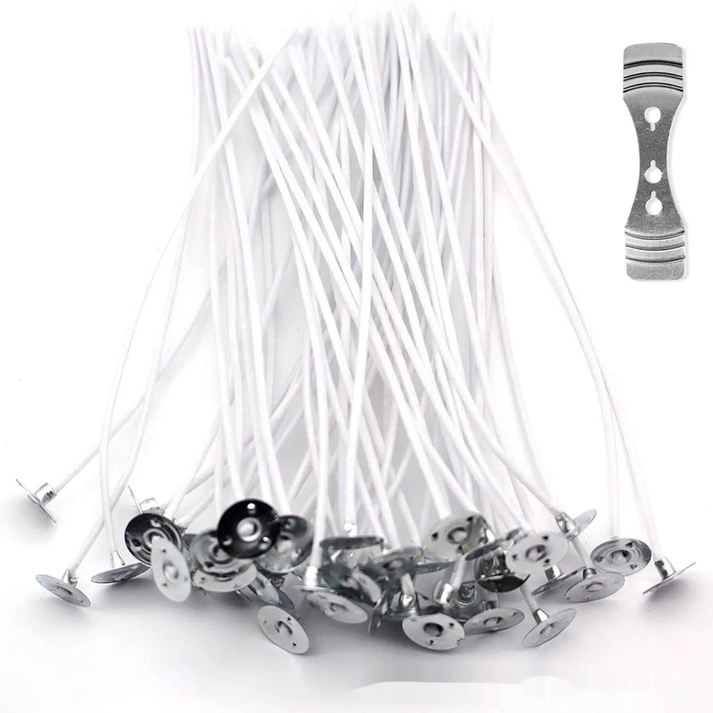 White cotton candle wicks showing tightly woven core construction in three length specifications