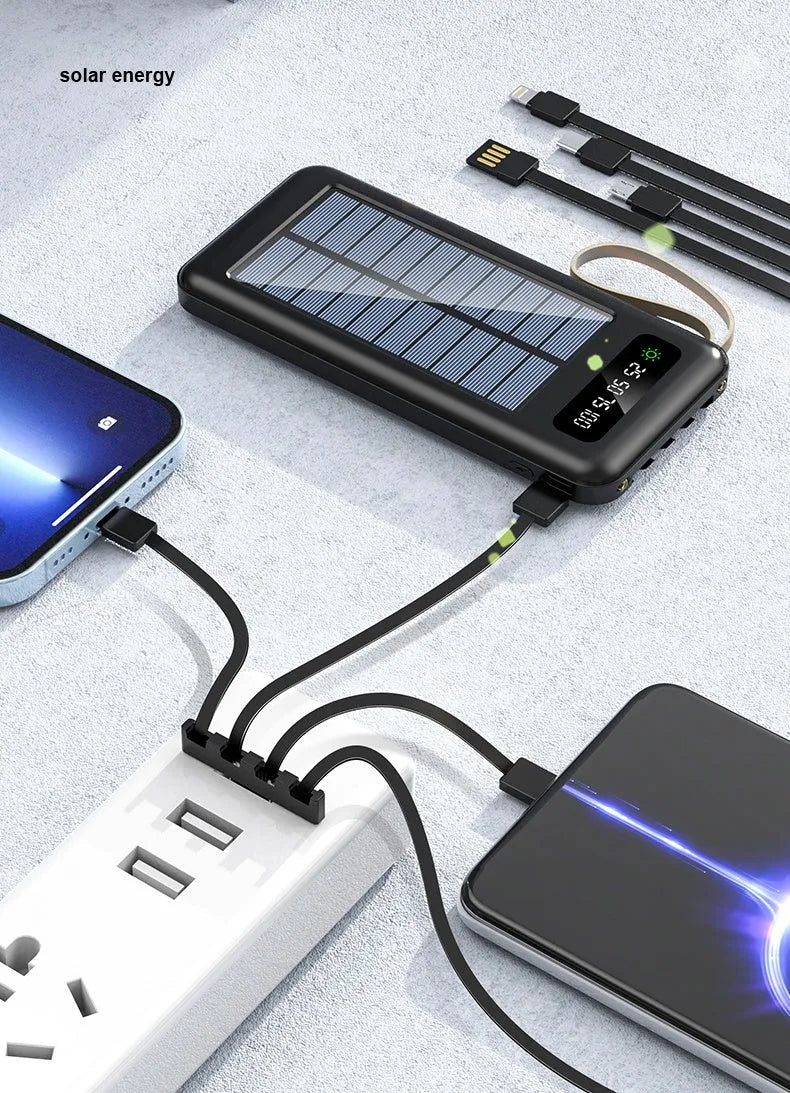 Solar power bank portable charger in black or white with built-in solar panel and high 20000mAh or 30000mAh capacity