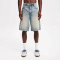 Men's loose fit straight leg jeans in light blue, black, and grey cotton denim