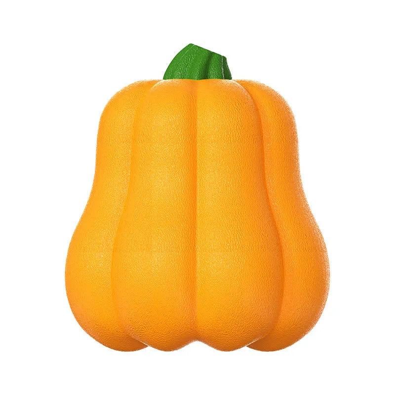Orange pumpkin-shaped plastic dog toy with rope attachment for outdoor fetch games