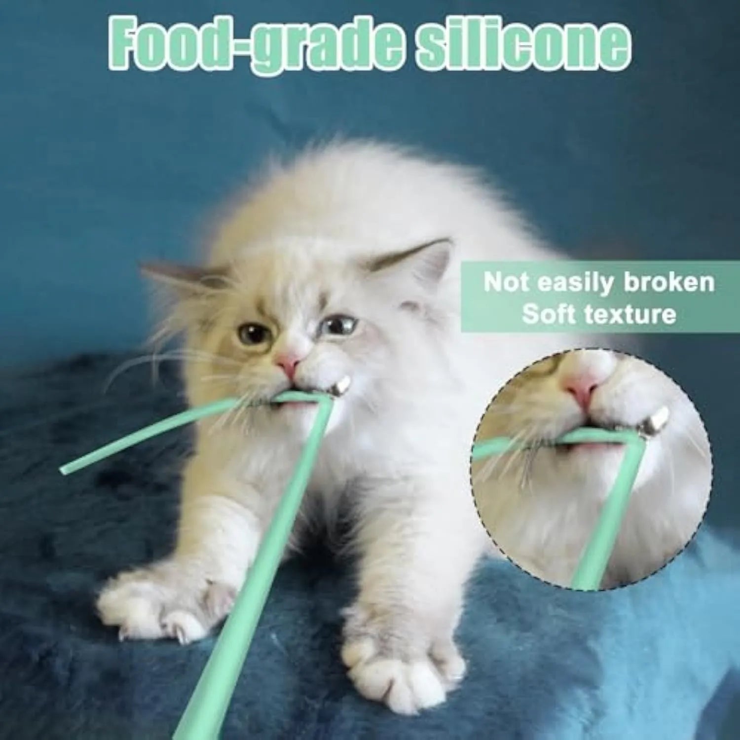 Green automatic cat wand toy with silicone tails swinging, placed on wooden floor