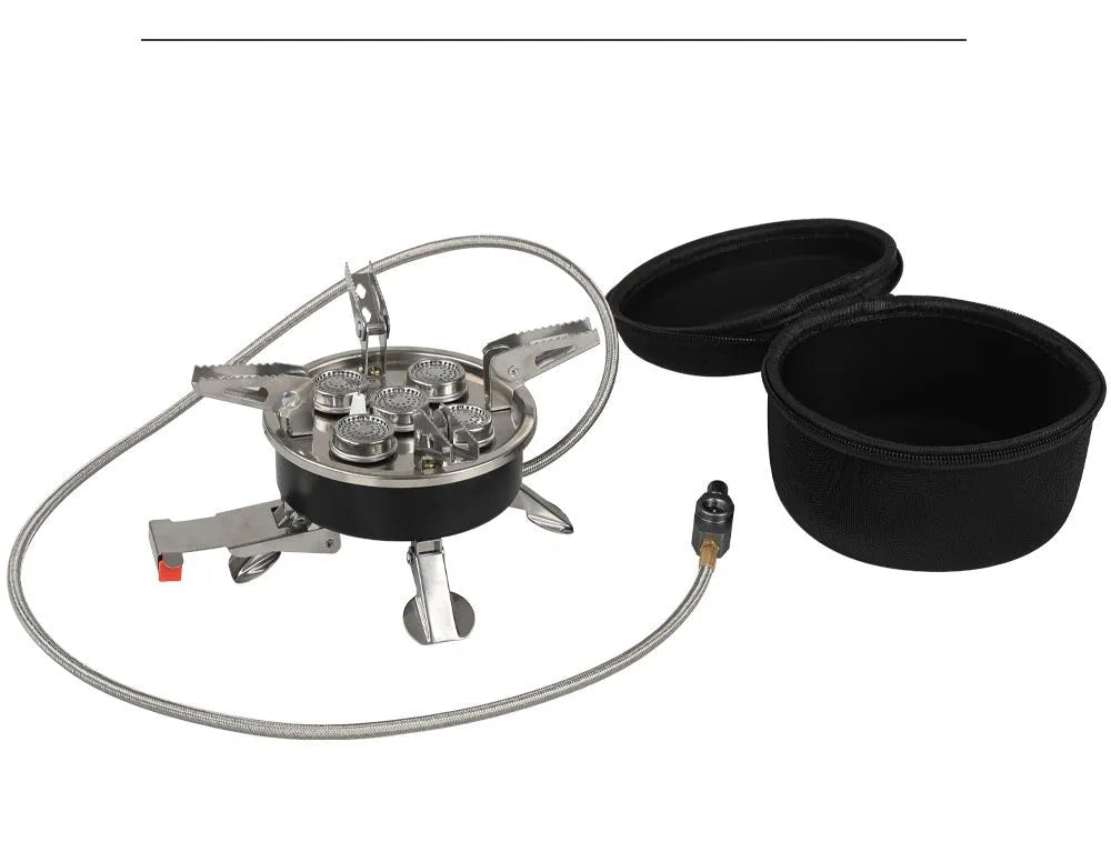 Silver stainless steel split camping stove with 100cm hose and foldable design