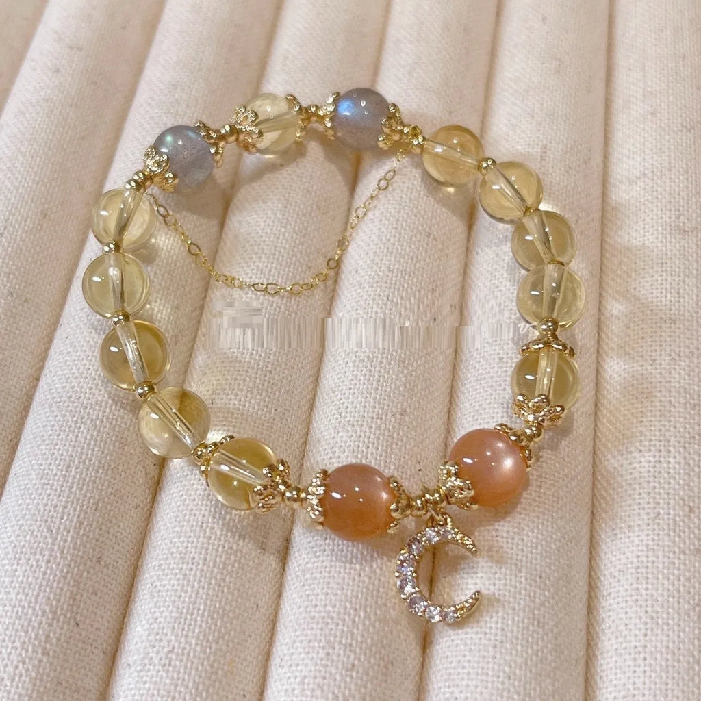 Chinese style women's crystal bracelet with moonstone golden sun stone design and gold electroplating