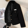 Black women's short suit coat with pockets, loose fit, and regular long sleeves.