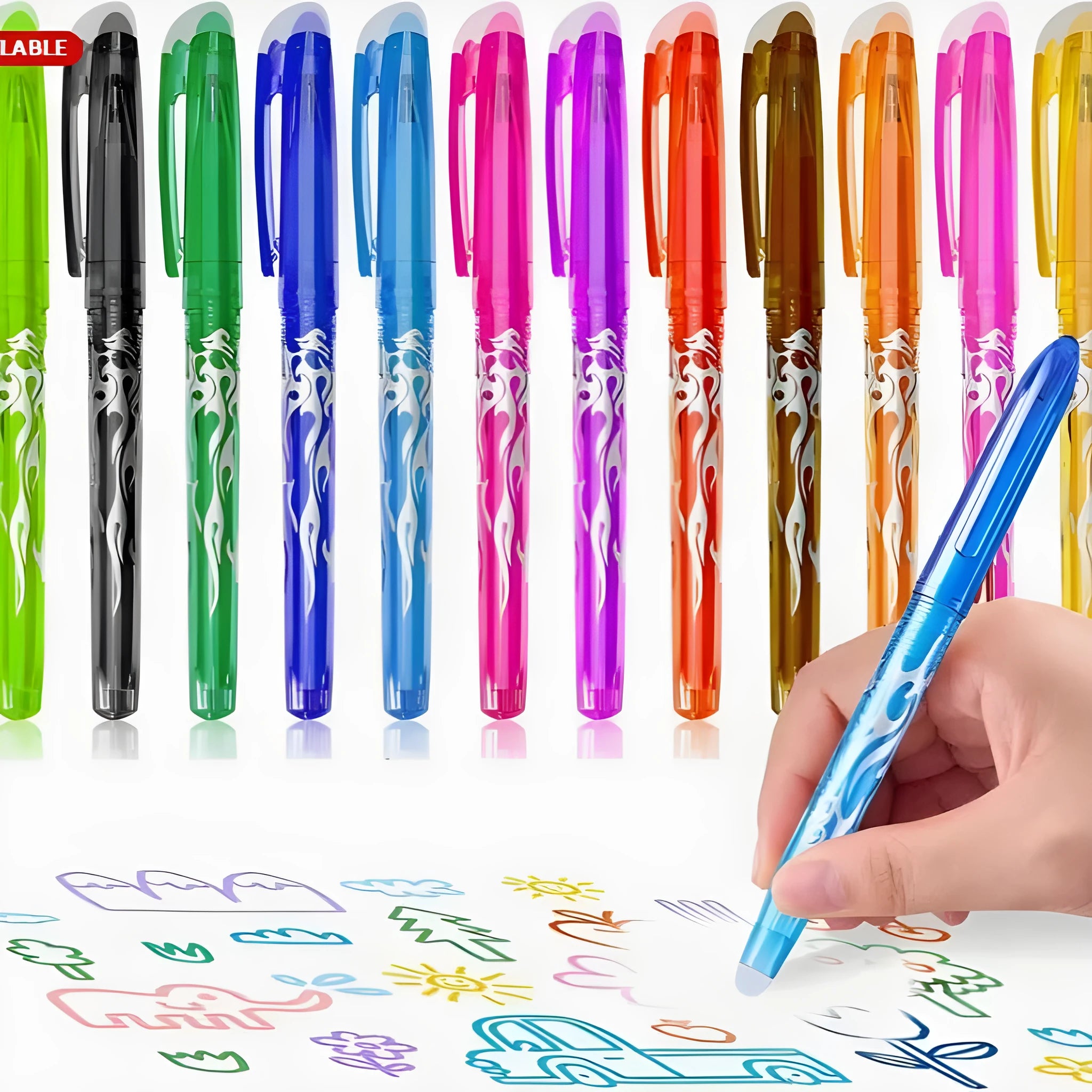 Set of heat-erasable gel pens with plastic shells and choice of 0.5mm or 0.7mm nibs in a 12 or 8 colour pack.