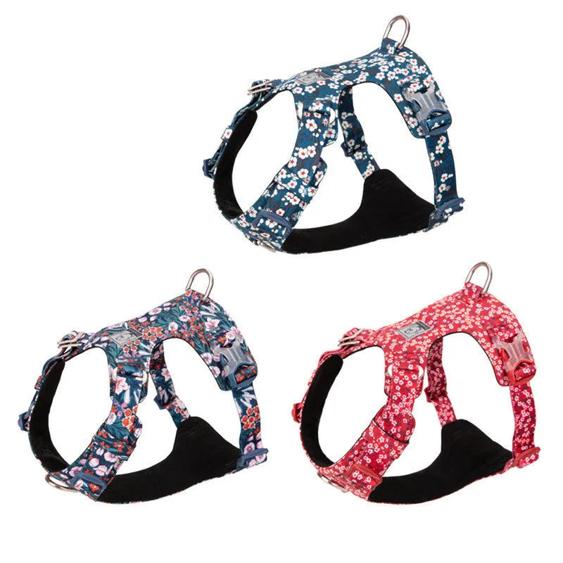 Pure cotton pet chest strap harness in floral pattern with pull-resistant design for dog walking