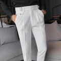 Straight leg casual trousers in polyester fabric showing multiple colour options and sizing from 29 to 36