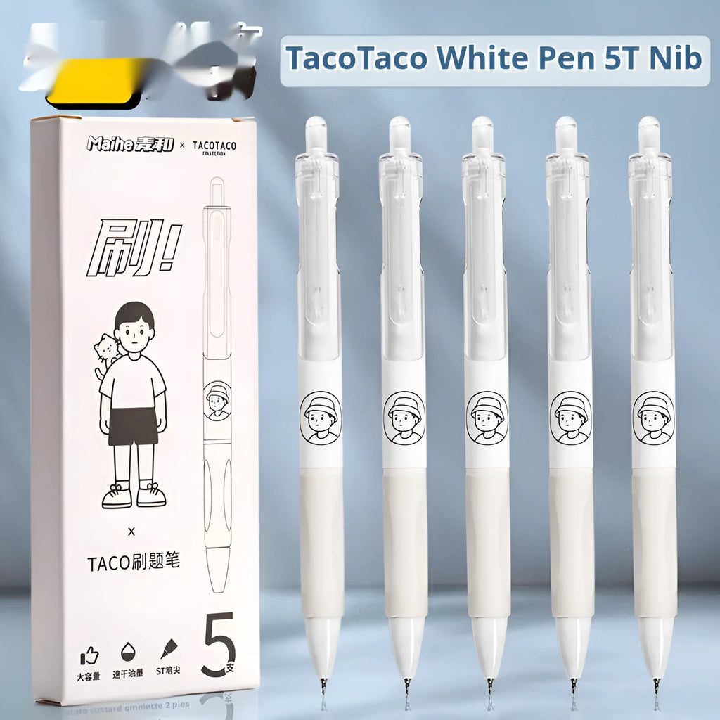Five black ballpoint pens with 0.5mm tips arranged together