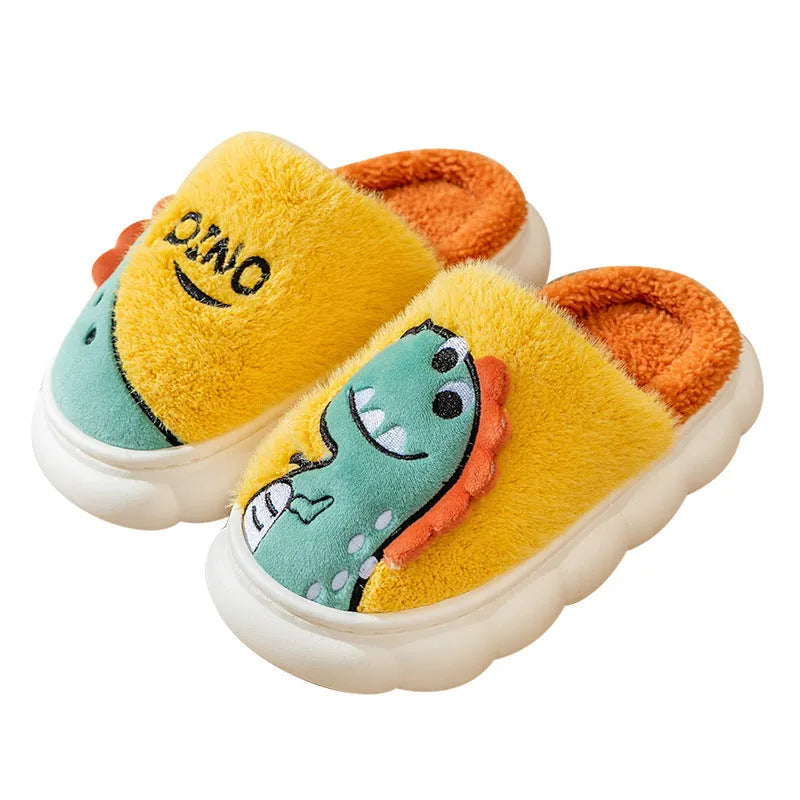 Pair of plush dinosaur-patterned slippers for couples, shown in grey, coffee, and orange colour options.