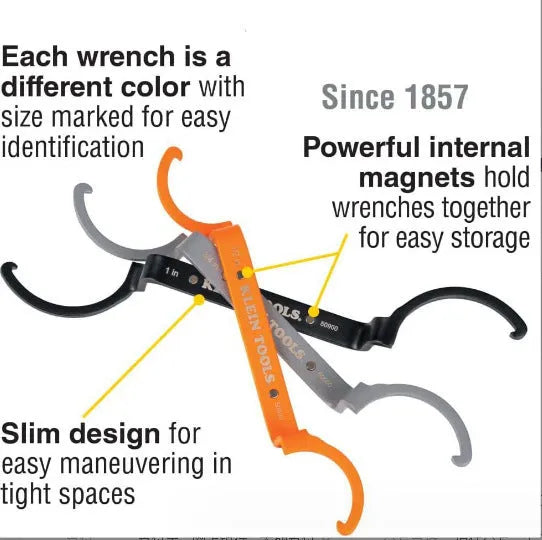 Orange, grey, and black crescent wrenches from a three-piece magnetic suction set for catheter locking.