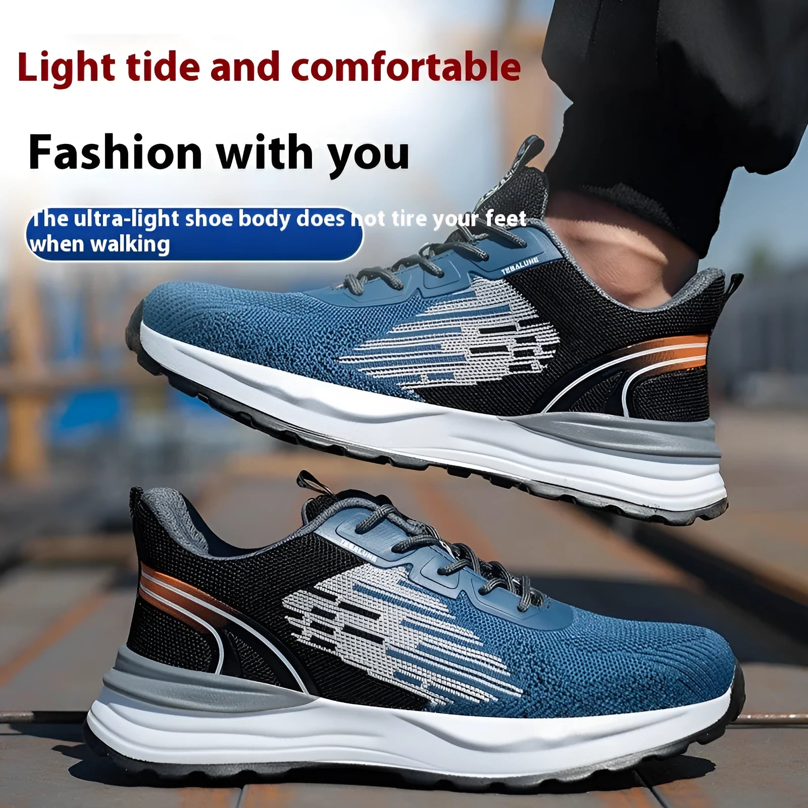 Blue men's safety work shoes with mesh upper, plastic toe cap, and lace-up closure.