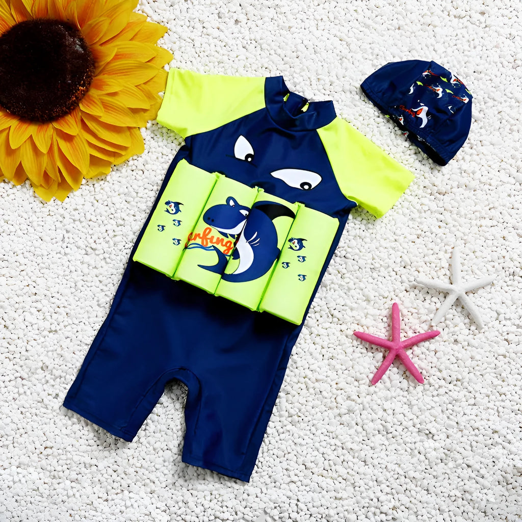 Children's buoyancy swimsuit one-piece with sun protection in nylon fabric showing Korean style plaid and cartoon patterns