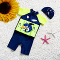 Children's buoyancy swimsuit one-piece with sun protection in nylon fabric showing Korean style plaid and cartoon patterns