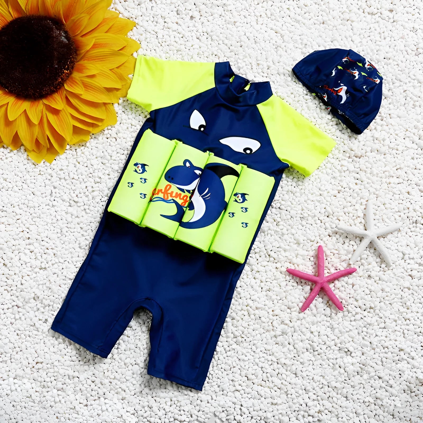 Children's buoyancy swimsuit one-piece with sun protection in nylon fabric showing Korean style plaid and cartoon patterns