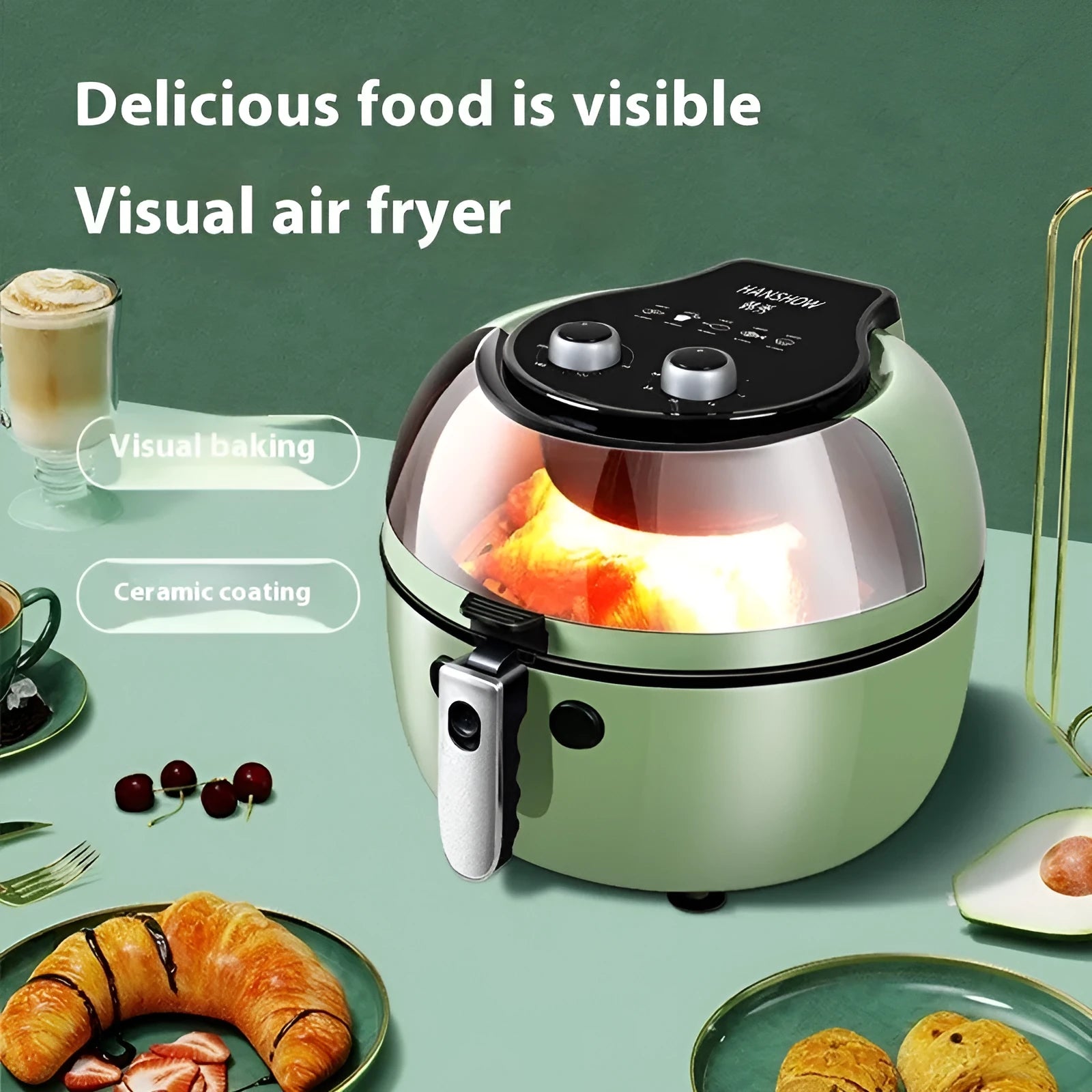 8 litre air fryer oven with visible cooking window and mechanical button controls