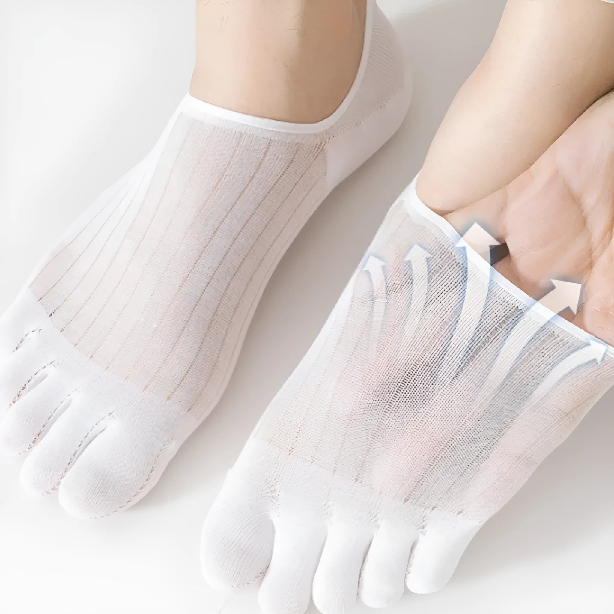 Modal five-finger ultra-thin boat socks in solid colours: white, khaki, light grey, dark grey, and black.