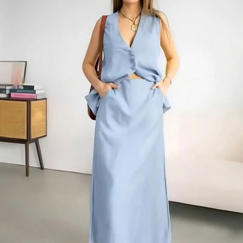 Women's blue sleeveless vest and long skirt two-piece casual suit set