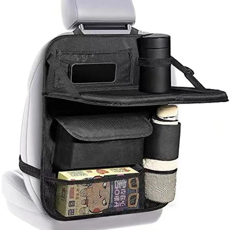 Black Oxford cloth car seat back storage bag measuring 42x30cm with hanging design