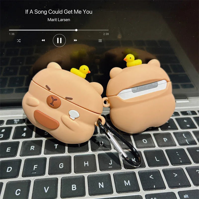 Silicone AirPods cover with overhead duck capybara design in soft shell cartoon style