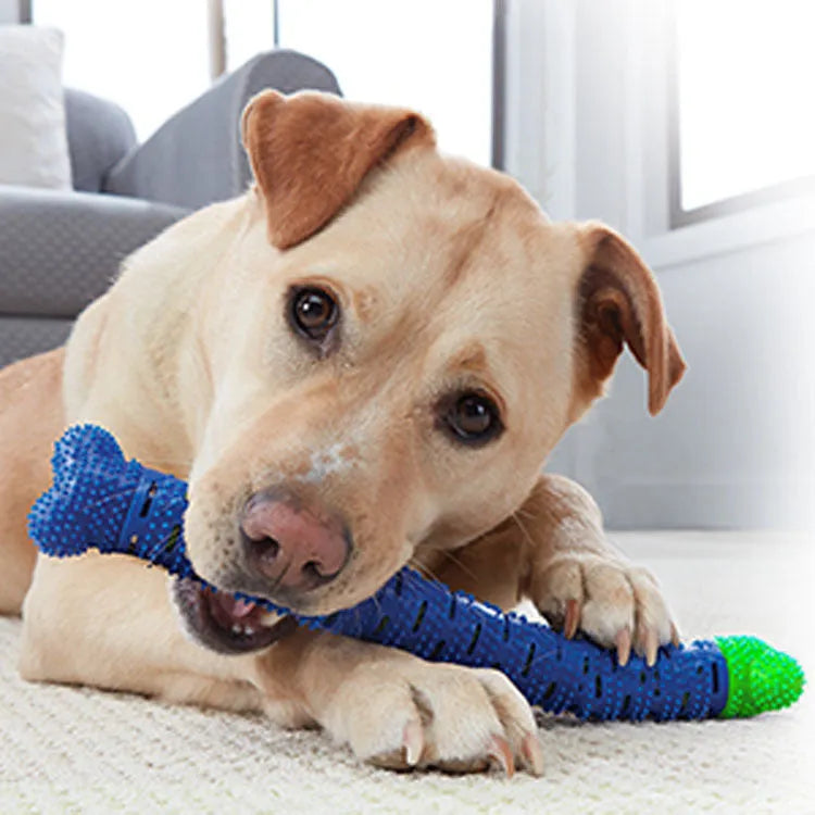 Blue silicone dog dental cleaning stick with serrated edges and bristles for teeth cleaning