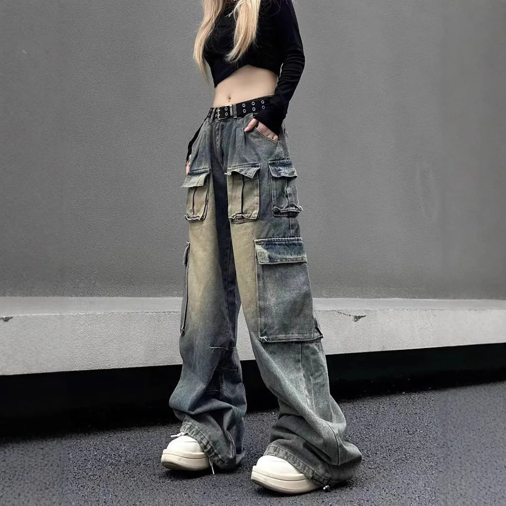 Men's loose fit distressed denim jeans with multiple utility pockets in light blue or black colours