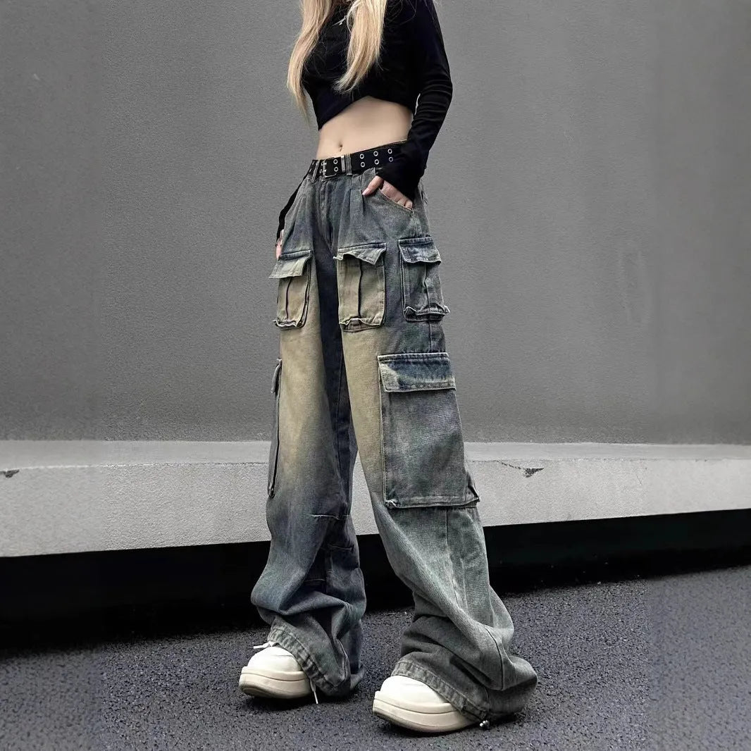 Men's loose fit distressed denim jeans with multiple utility pockets in light blue or black colours