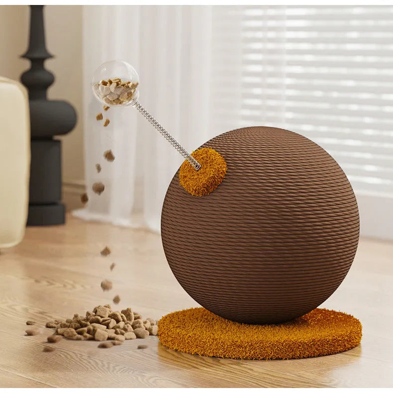 Hemp rope cat scratching post with feeding ball attachment in large and small sizes