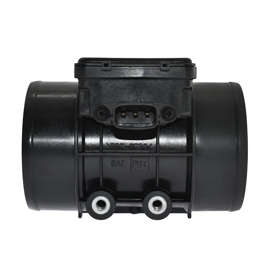 Black plastic automotive air flow meter with standard specifications for engine measurement