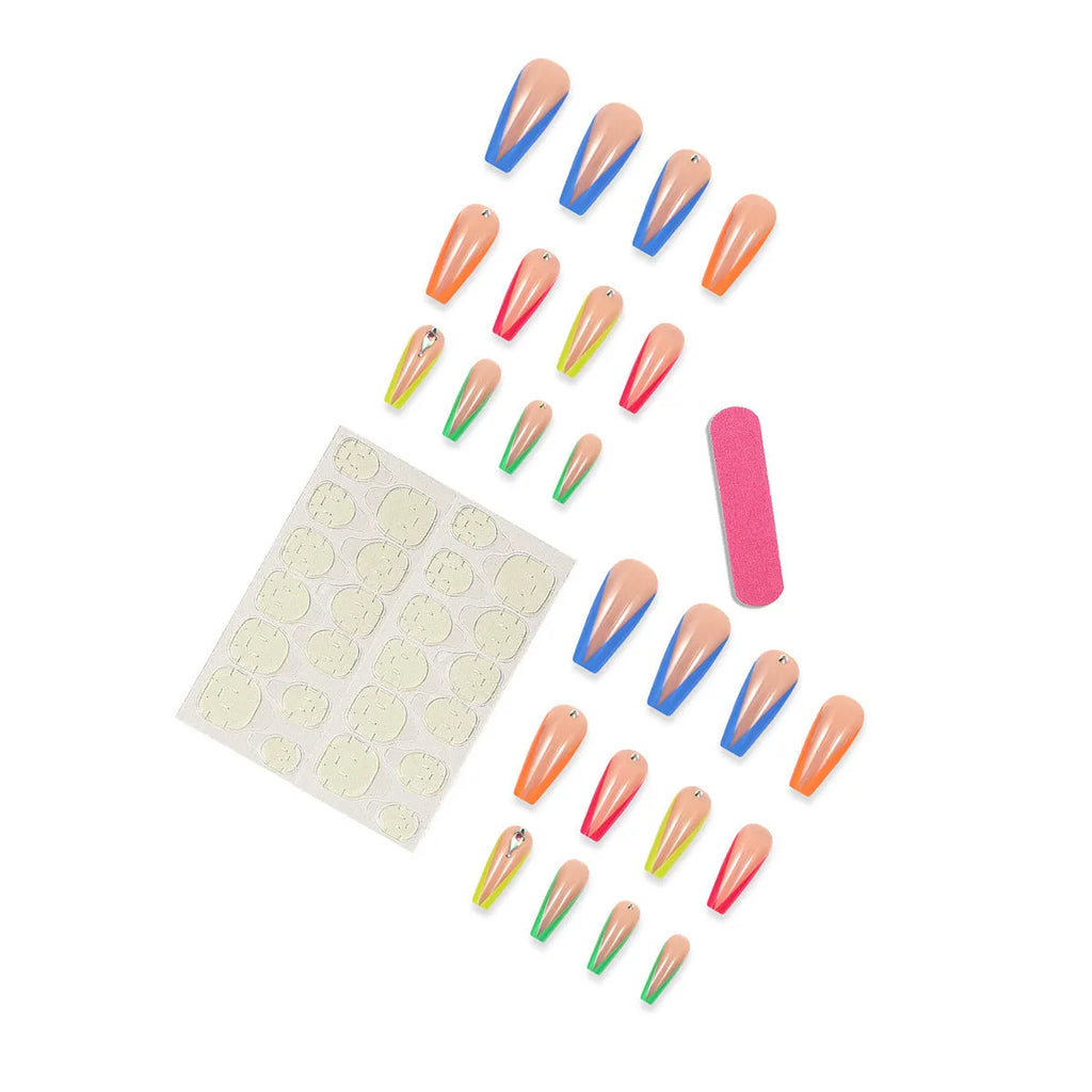 Diamond colour French nail tips with cartoon, love and cross heart patterns, plus jelly glue and filing strip.