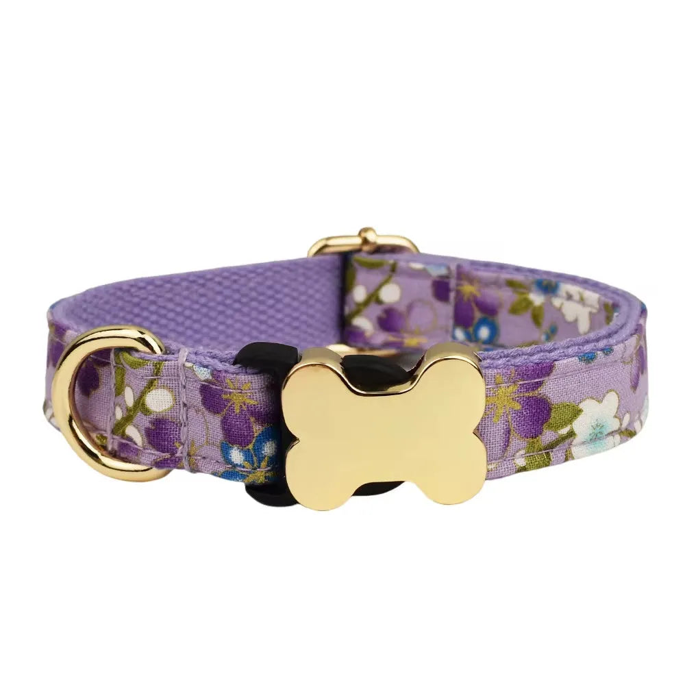 Flat nylon dog collar with printed grid pattern and bone-shaped buckle in multiple colour options