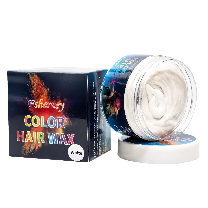 120g hair styling clay container showing nine colour options including blue, green, orange, purple, red, white, yellow, rose, and granny grey