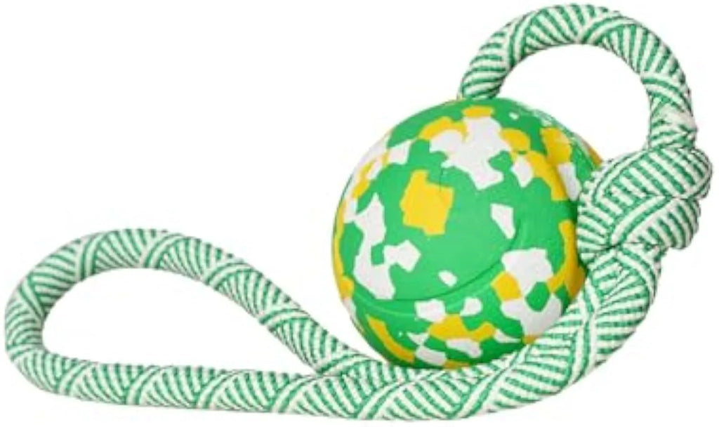 Natural rubber dog ball attached to a nylon rope for interactive fetch and tug-of-war play.