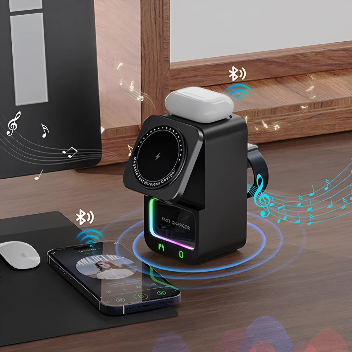 Black and white 5-in-1 Bluetooth speaker wireless charger with QC3.0 fast charging and magnetic support