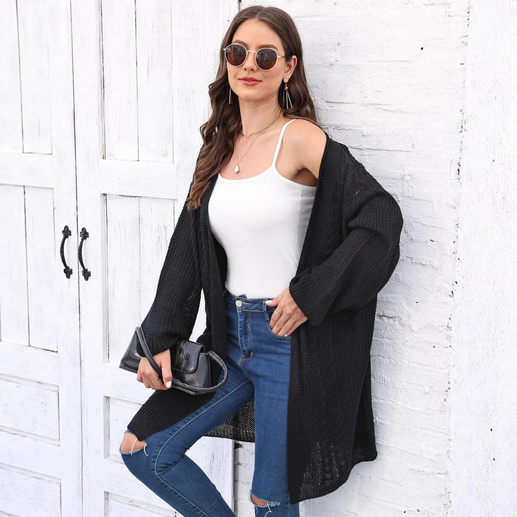 Women's loose acrylic sweater coat cardigan in solid colour options including army green, black, brown, light grey, and rose red