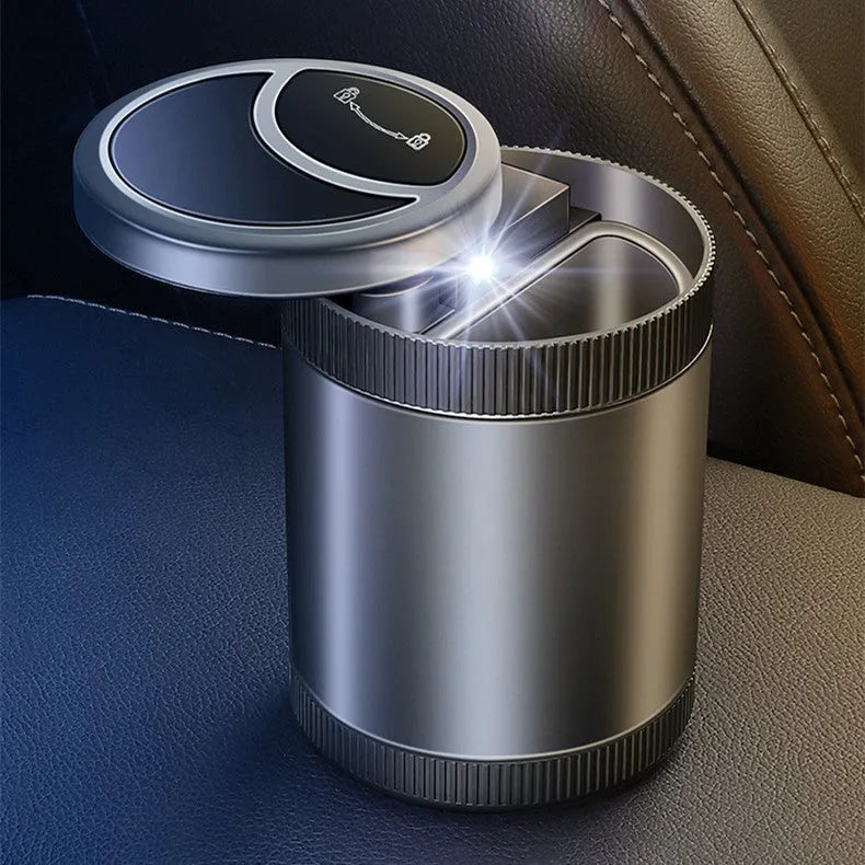 Automatic induction car ashtray with sensor lid in grey, black, red, and blue colours.