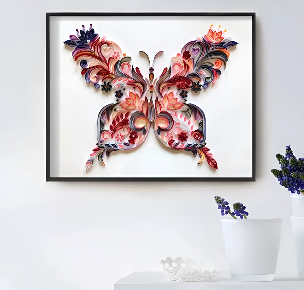 20 inch blue and pink butterfly quilling papercraft illustration pack with glue, scissors, awl, and tweezers