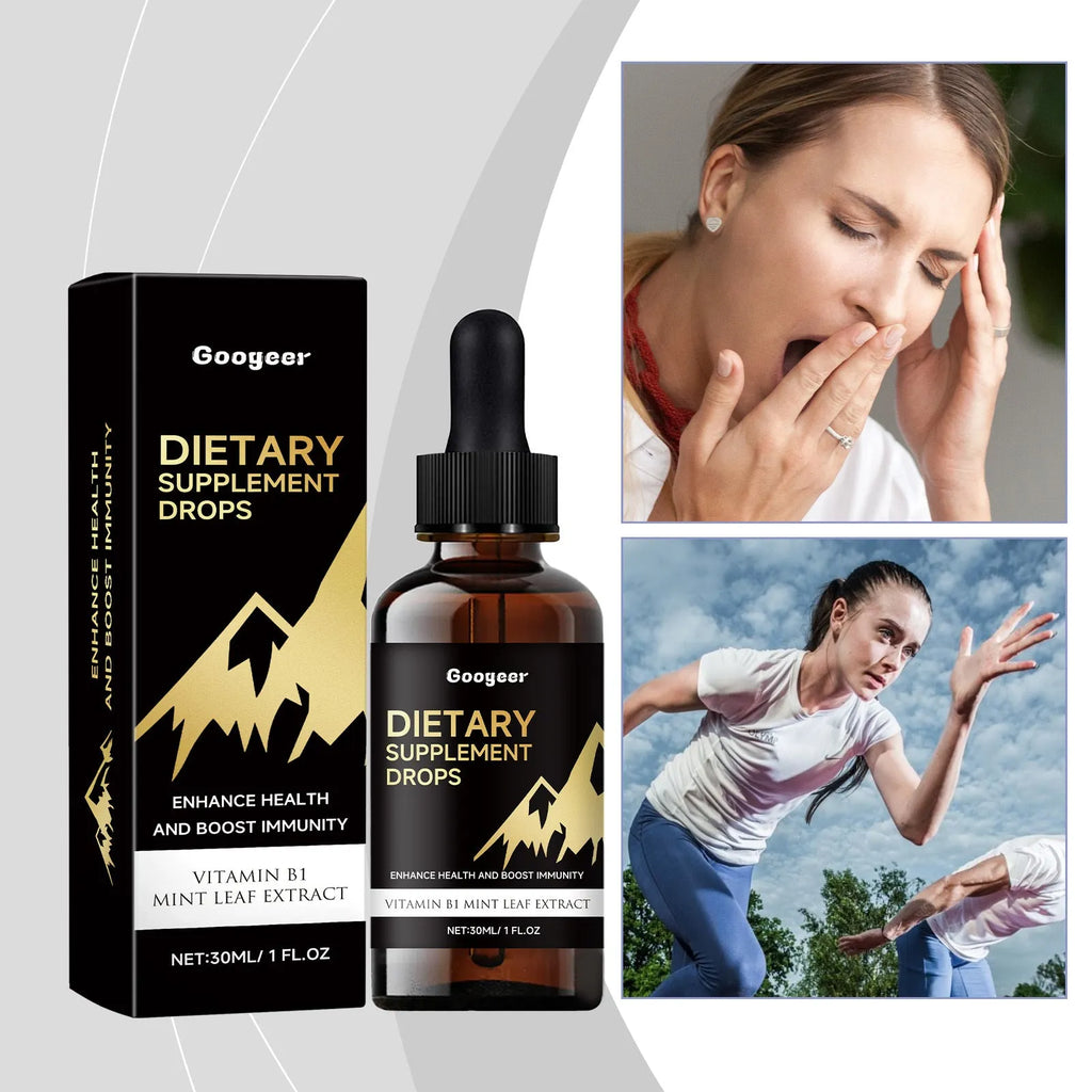 30 ml bottle of dietary supplement drops with a glass dropper on a white background.