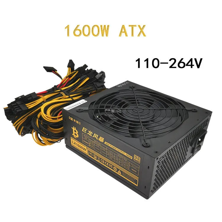 Black ATX server power supply unit with 110V input and multiple 6+2 pin GPU connectors rated up to 2000W