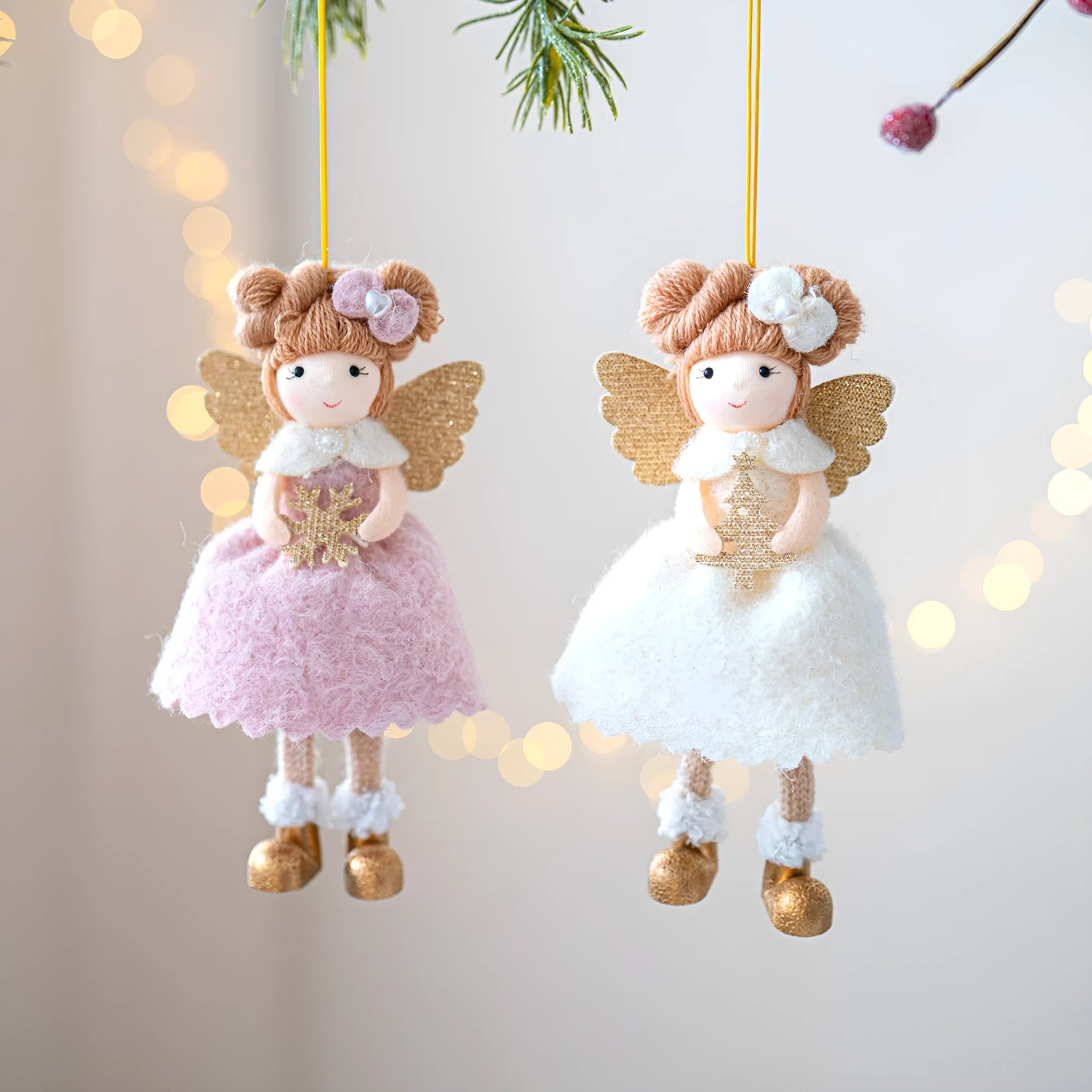 Christmas angel wings plush pendant ornament in pink and white colours with modern simplicity design