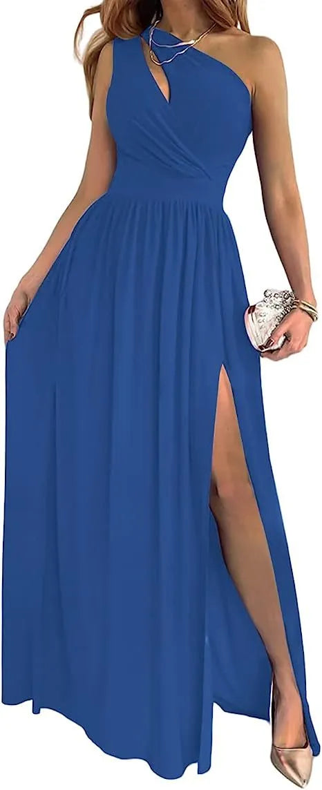Women's one shoulder maxi dress with high split, in soft fabric, shown in apricot colour.