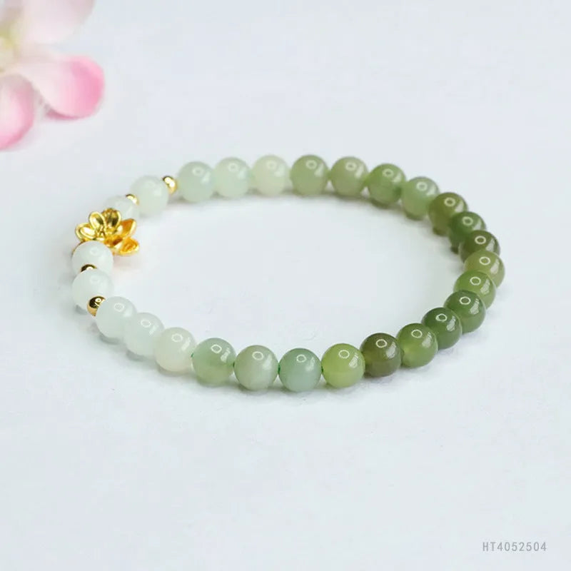 Hand-woven ancient style bracelet with Hetian jade gradient colour and 6mm beads on 17cm length