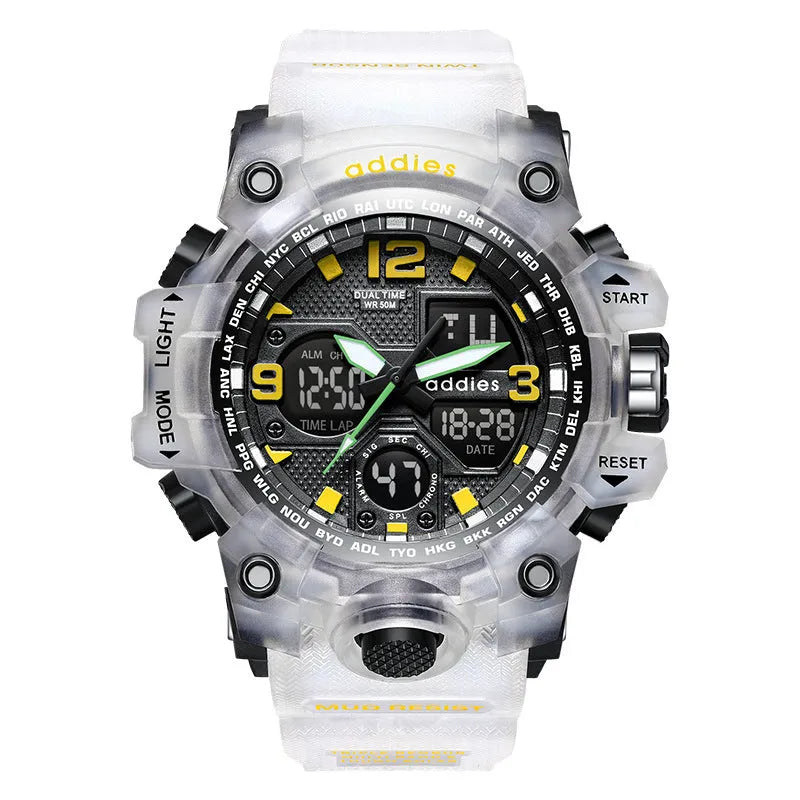 Men's electronic sports watch with dual analogue and digital display, plastic case and strap, water resistant to 50 metres