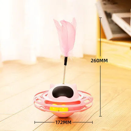 Pink cat tumble turntable toy with attached cat stick for interactive play