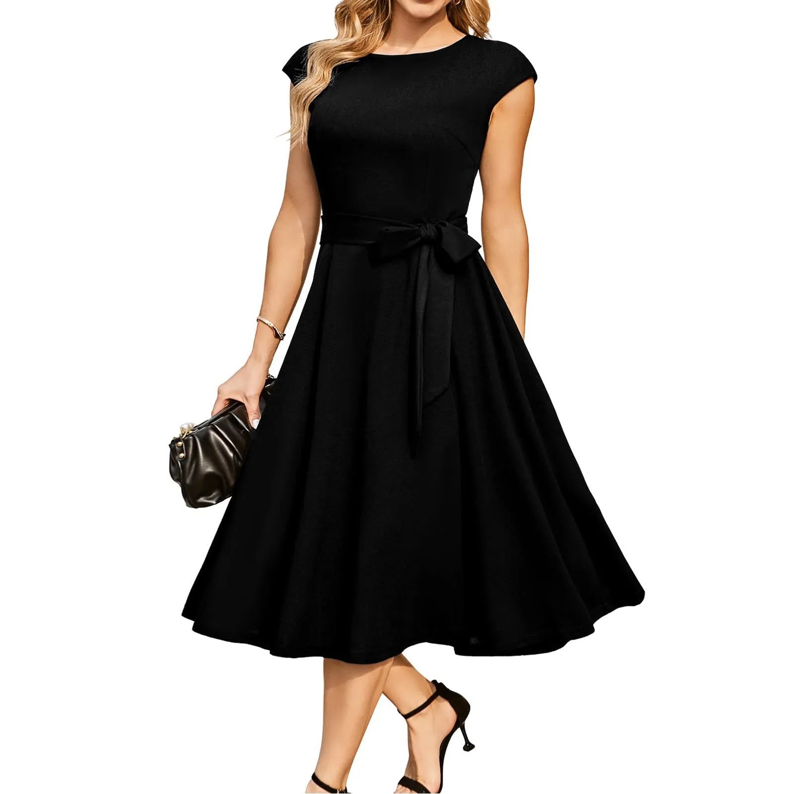 Sleeveless black party dress with lace-up waist and voluminous swing skirt