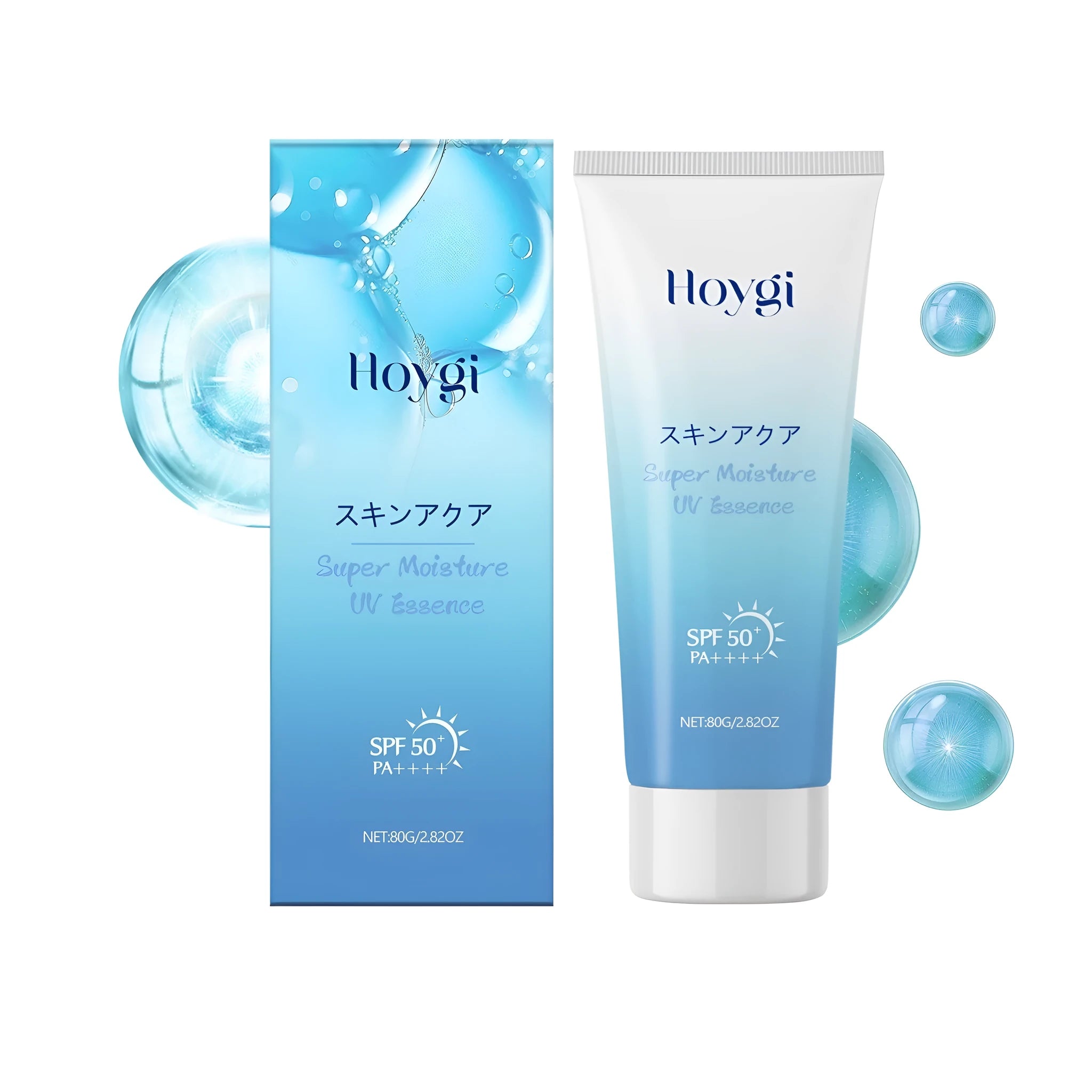80g tube of Refreshing Moisturizing Sunscreen with hyaluronic acid on a blue background.