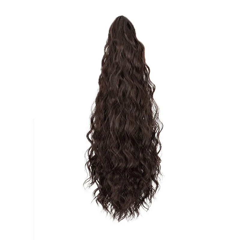 Corn curler wig with water ripple grip ponytail in high-temperature fibre on a stand.