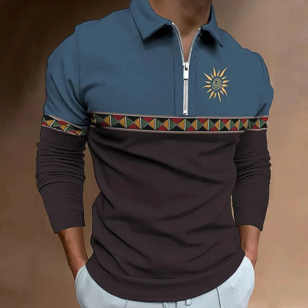 Man wearing a long sleeve retro stripe print golf top with zip details on a loose fit.