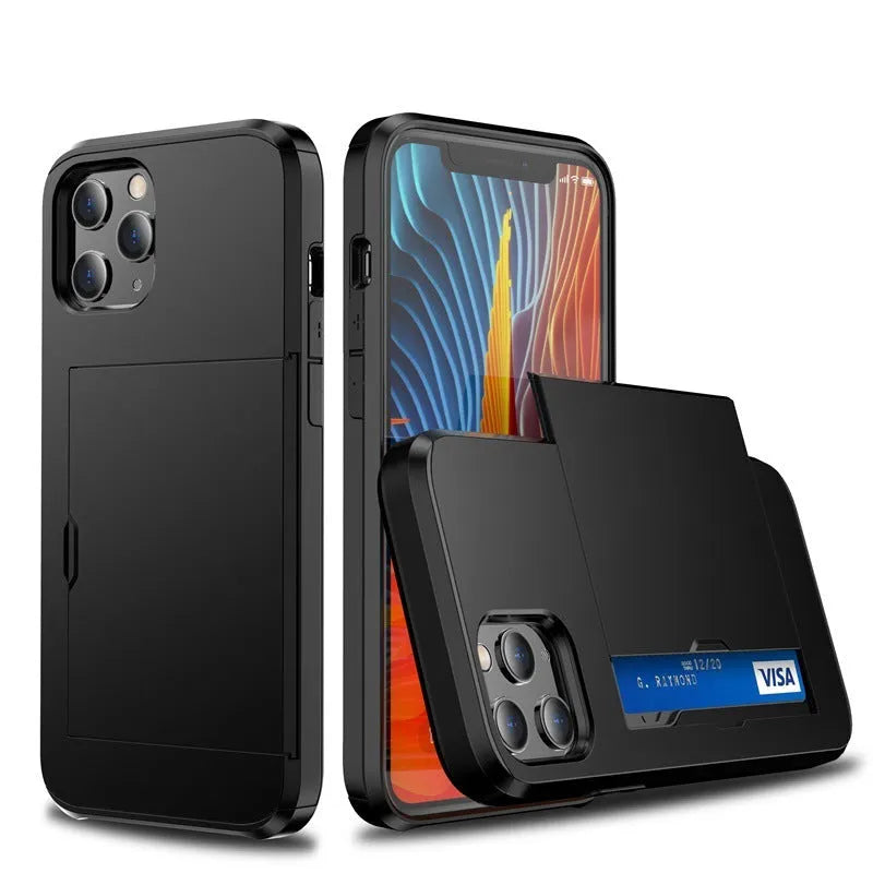 Sliding wallet phone case for iPhone 13 with card slot open showing storage space